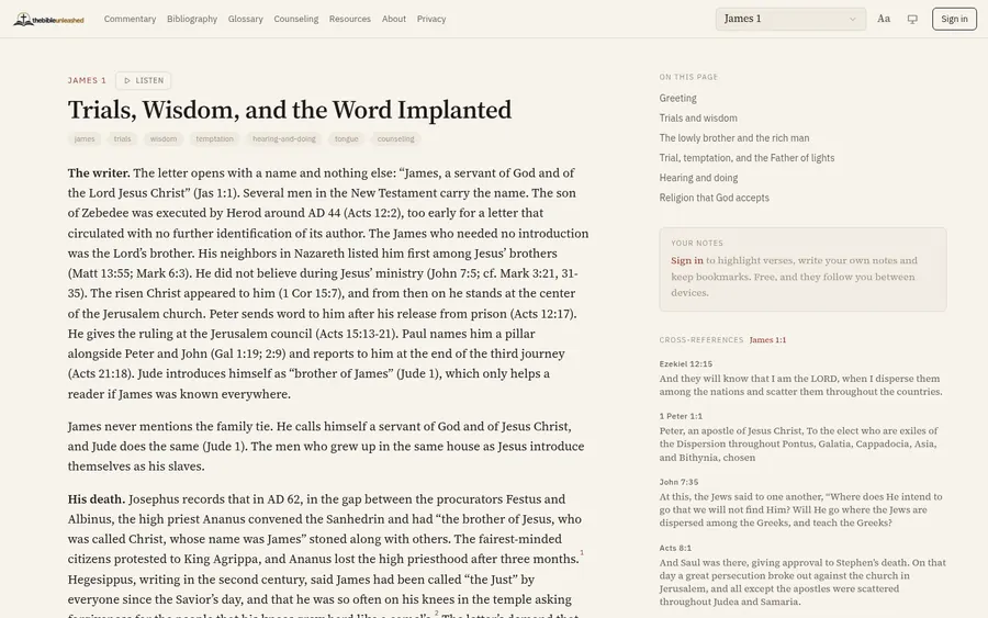 The Bible Unleashed chapter view with commentary text, an on-this-page outline, a notes panel and cross-references
